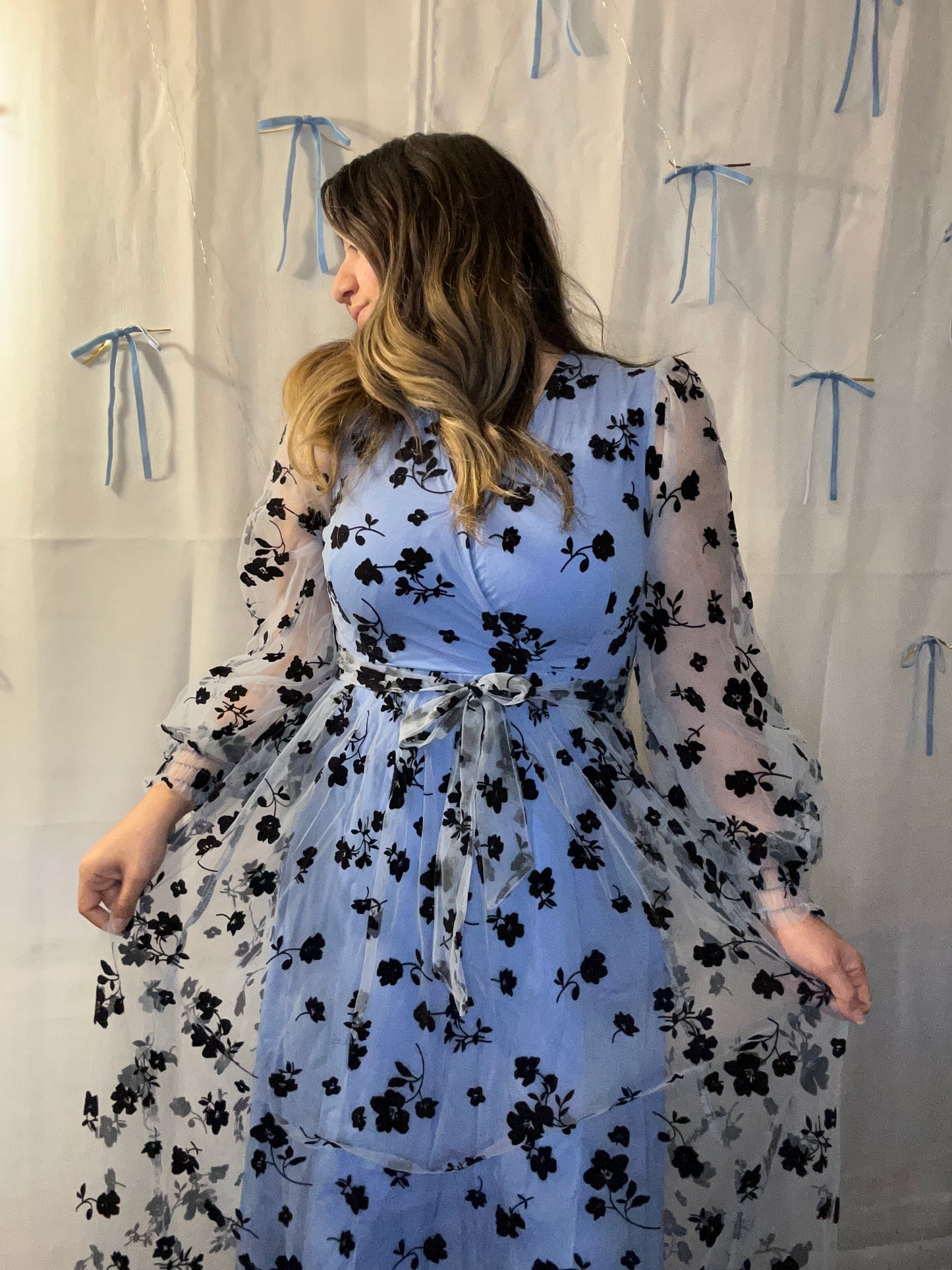 Black Flower Belted Dress