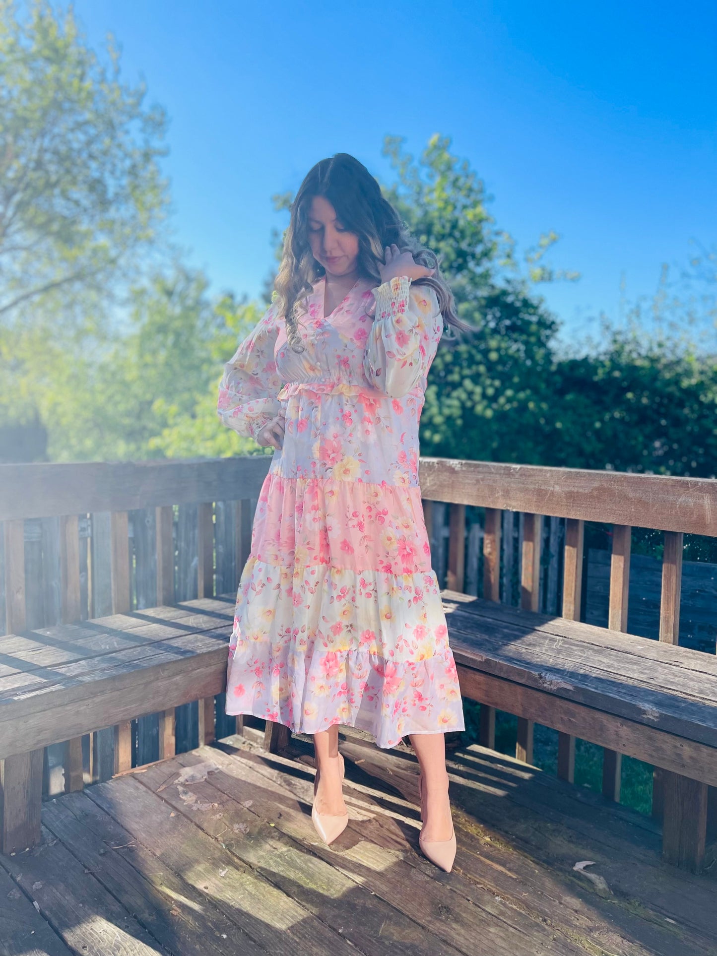 Floral Long Sleeve Ruffle Dress